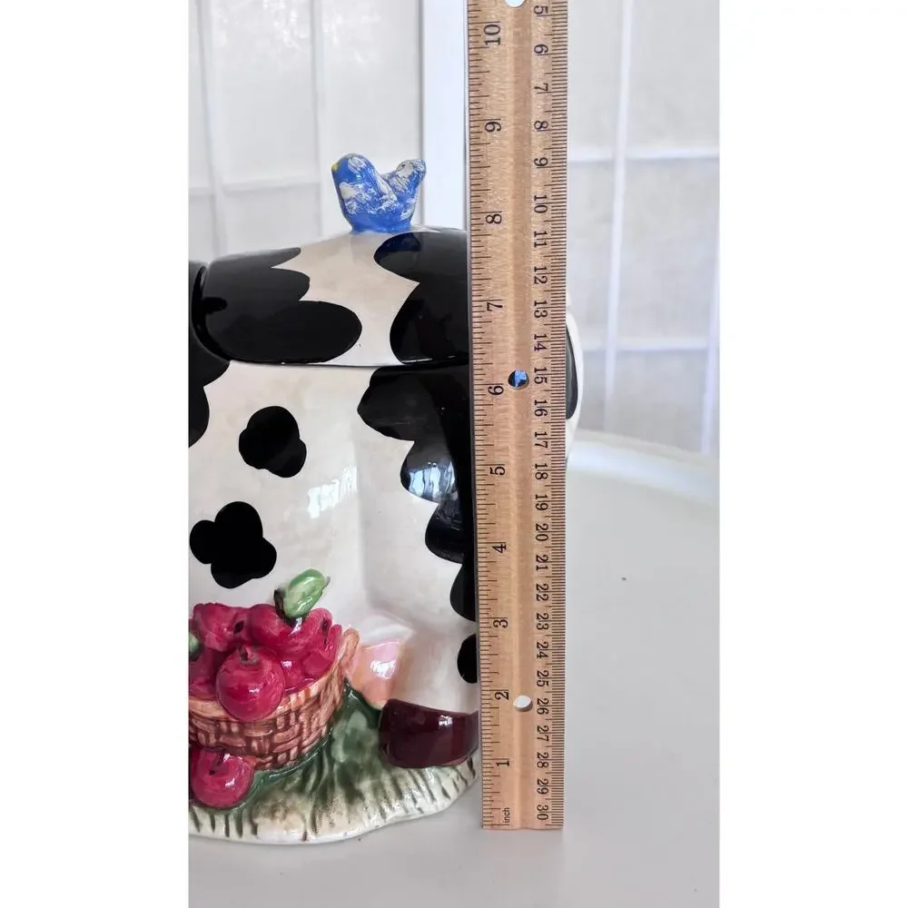 Cow Cookie Jar Farmhouse Country Kitchen Decor Ceramic Black White Apples - Picture 10 of 11